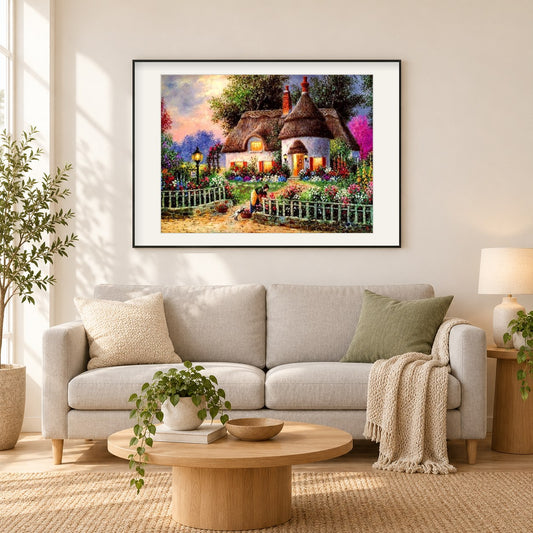 Schönes Ferienhaus von Dennis Lewis als gerahmtes Diamond Painting im Wohnzimmer