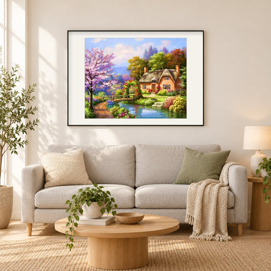 Schönes Haus am See als gerahmtes Diamond Painting im Wohnzimmer