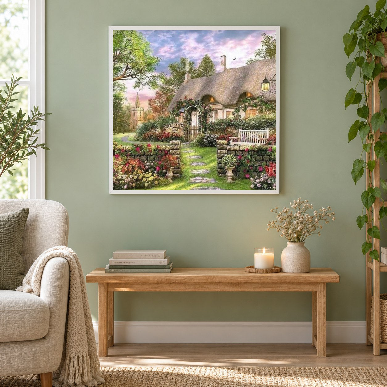 Schönes Haus mit Blumen Rasen als gerahmtes Diamond Painting im Wohnzimmer