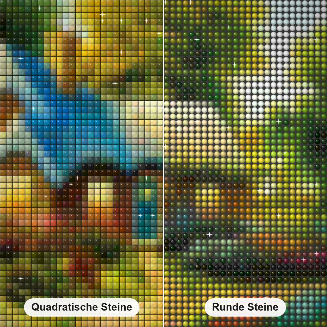 Schönes Haus umgeben von Bäumen Diamond Painting Nahaufnahme mit quadratischen und runden Steinen