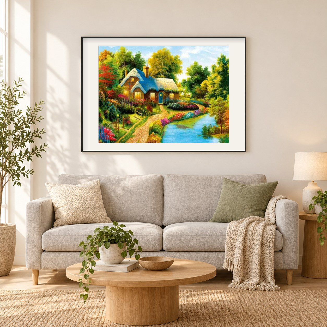 Schönes Haus umgeben von Bäumen als gerahmtes Diamond Painting im Wohnzimmer