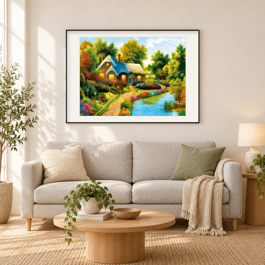 Schönes Haus umgeben von Bäumen als gerahmtes Diamond Painting im Wohnzimmer
