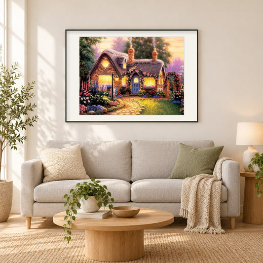 Schönes Häuschen mit Blumendekoration als gerahmtes Diamond Painting im Wohnzimmer