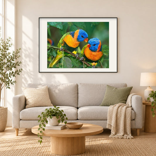 Schönes Paar Papageien als gerahmtes Diamond Painting im Wohnzimmer