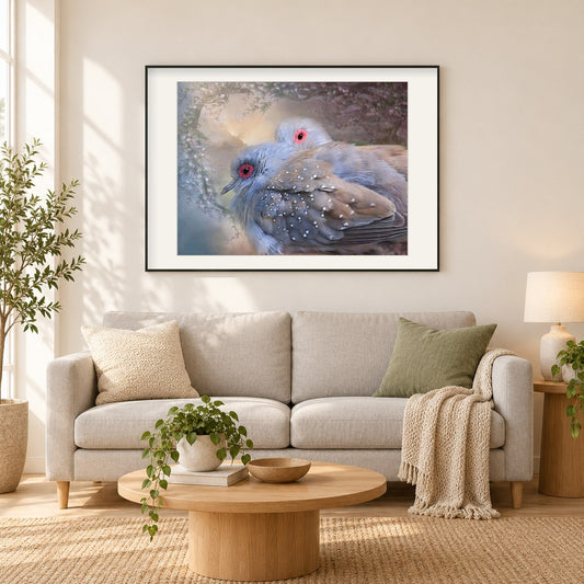 Schönes Taube paar als gerahmtes Diamond Painting im Wohnzimmer