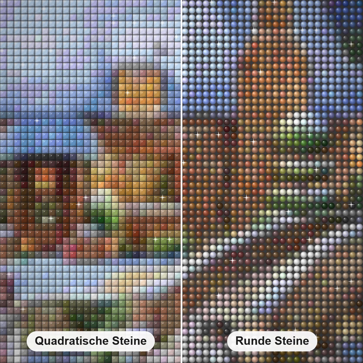 Schönes Weihnachtsdorf Diamond Painting Nahaufnahme mit quadratischen und runden Steinen