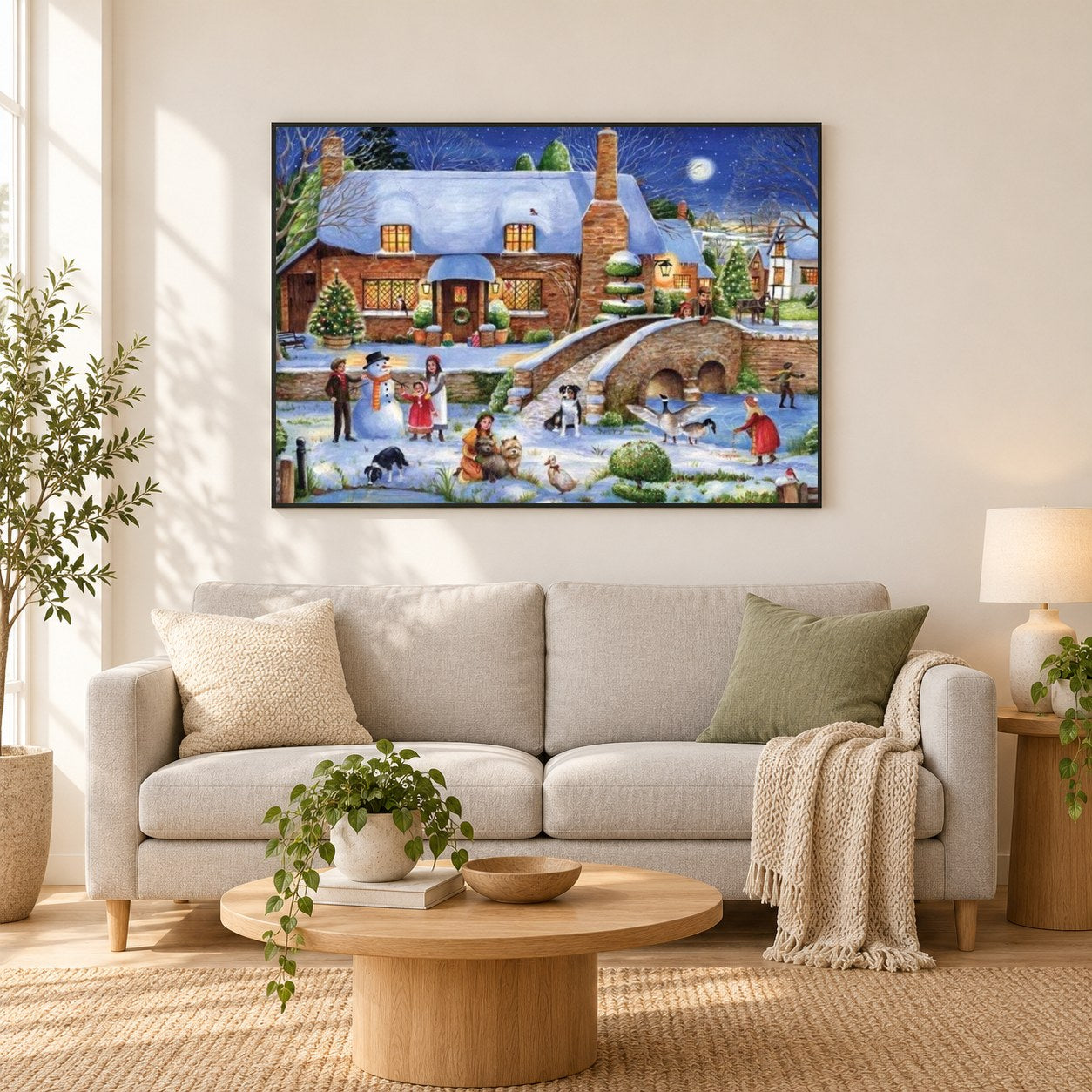 Schönes Weihnachtsdorf als gerahmtes Diamond Painting im Wohnzimmer