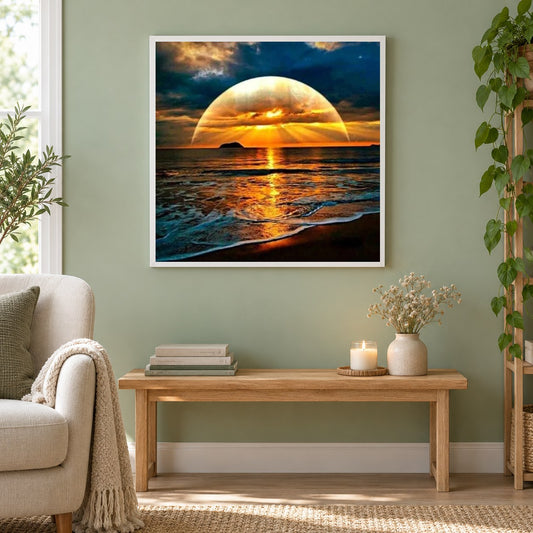 Schönheit der untergehenden Sonne als gerahmtes Diamond Painting im Wohnzimmer
