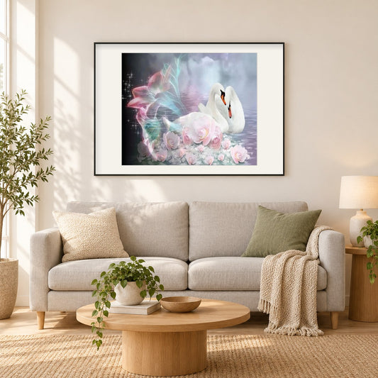 Schwäne & Blumen Fantasie als gerahmtes Diamond Painting im Wohnzimmer
