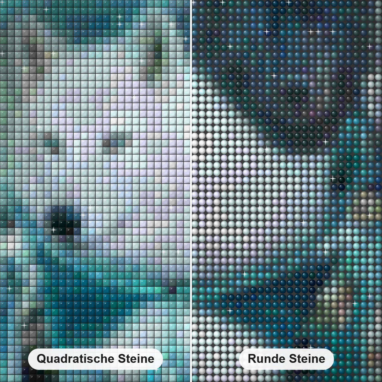 Schwarz Weiss-Wolf Traumfänger Diamond Painting Nahaufnahme mit quadratischen und runden Steinen