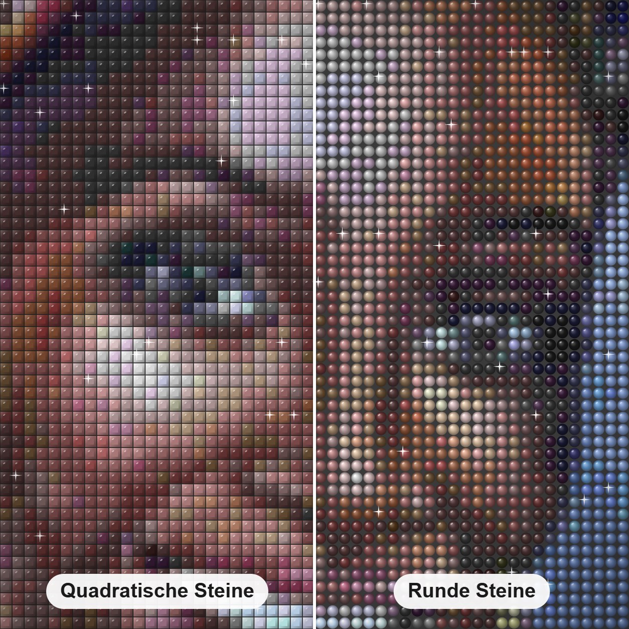 Schwarze Dame Diamond Painting Nahaufnahme mit quadratischen und runden Steinen