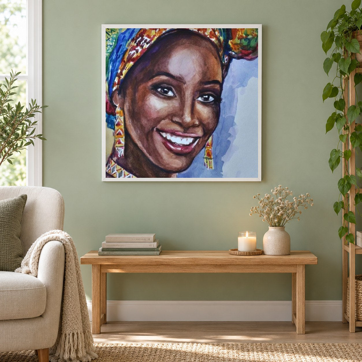 Schwarze Dame als gerahmtes Diamond Painting im Wohnzimmer