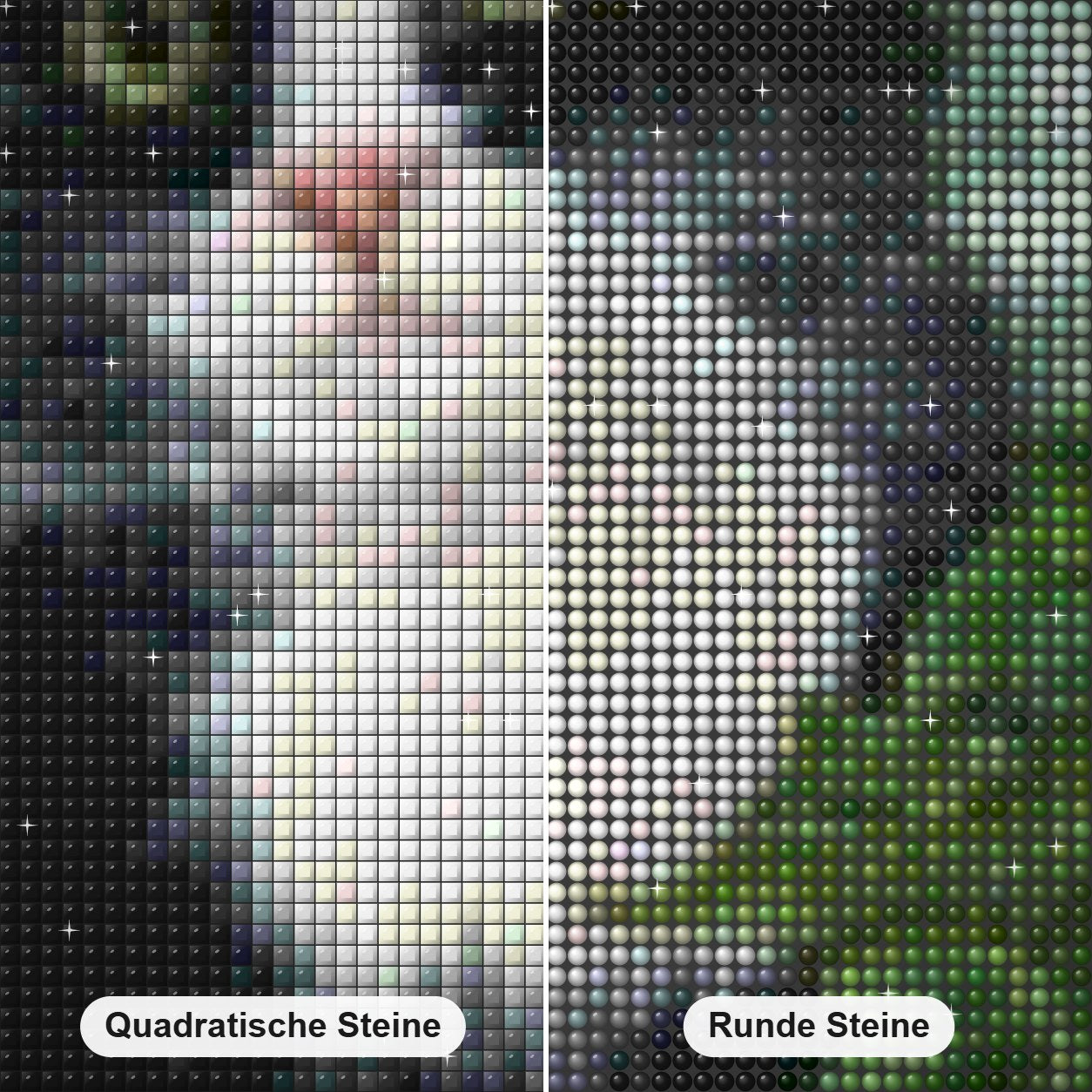 Schwarze Katze am Baum Diamond Painting Nahaufnahme mit quadratischen und runden Steinen