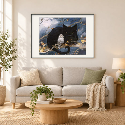 Schwarze Katze & Eule sitzen auf Baum als gerahmtes Diamond Painting im Wohnzimmer