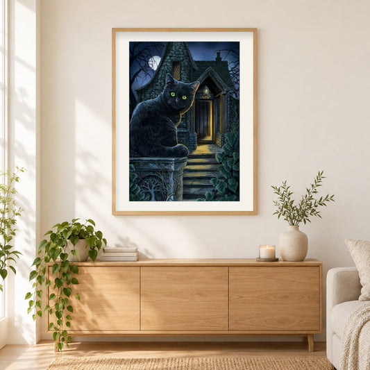 Schwarze Katze mit grünen Augen von Lisa Parker als gerahmtes Diamond Painting im Wohnzimmer