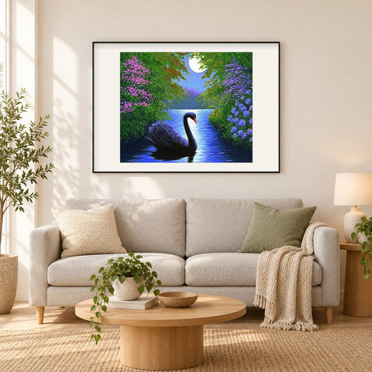 Schwarzer Schwan im Wasser als gerahmtes Diamond Painting im Wohnzimmer