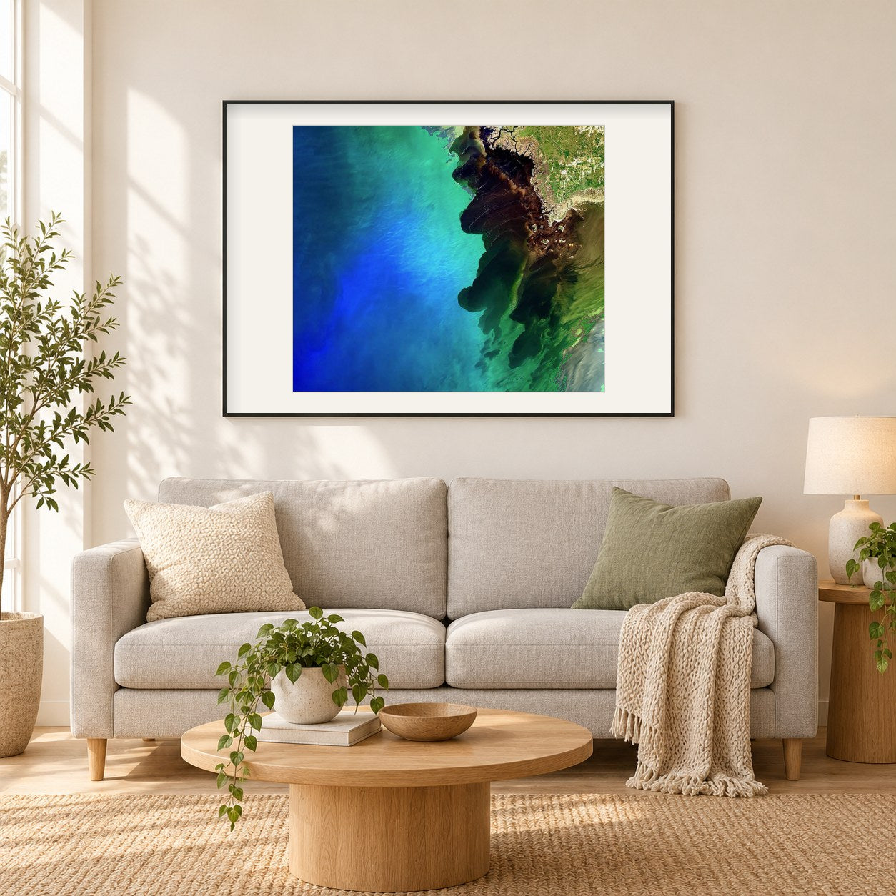 Schwarzwasserfluss Suwannee trifft auf das Meer als gerahmtes Diamond Painting im Wohnzimmer