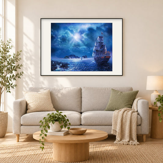 Segelschiff bei Nacht als gerahmtes Diamond Painting im Wohnzimmer