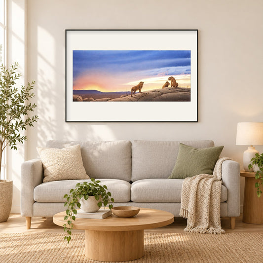 Serengeti Sonnenuntergang - Kunst des Eric Wilson als gerahmtes Diamond Painting im Wohnzimmer