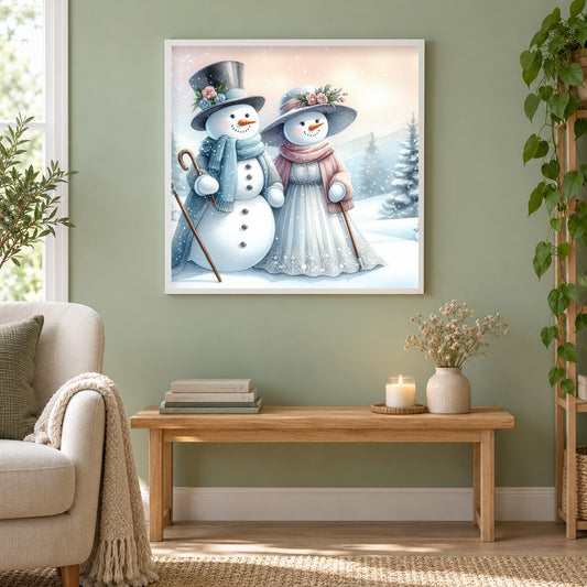Schneemann & Schneefrau als gerahmtes Diamond Painting im Wohnzimmer