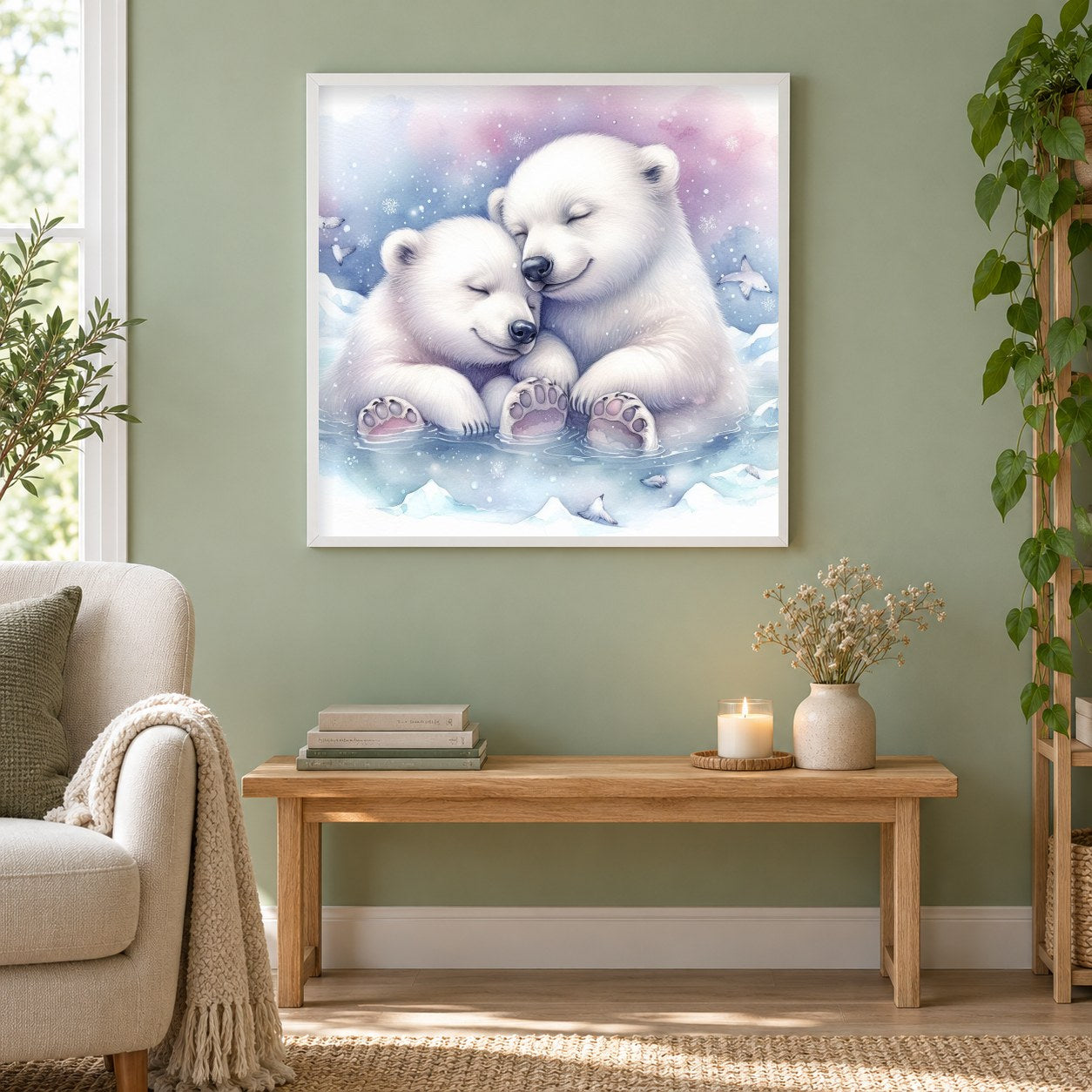 Schneebedeckte Lächeln Weiße Bären in Freude als gerahmtes Diamond Painting im Wohnzimmer