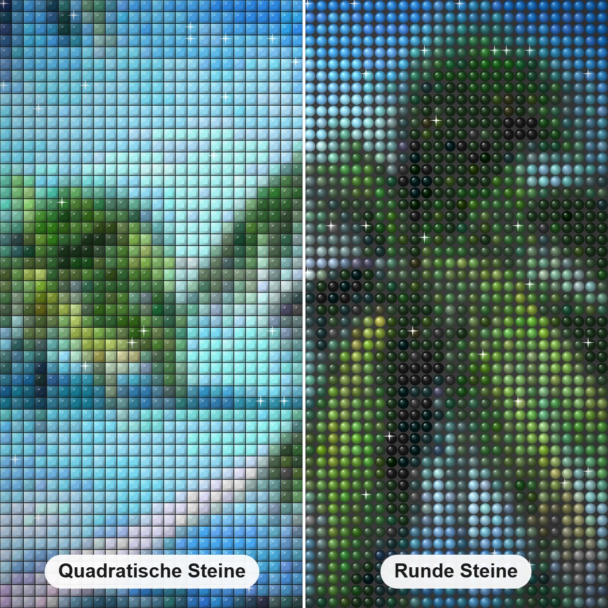 Sommer Strand & Palmen Diamond Painting Nahaufnahme mit quadratischen und runden Steinen