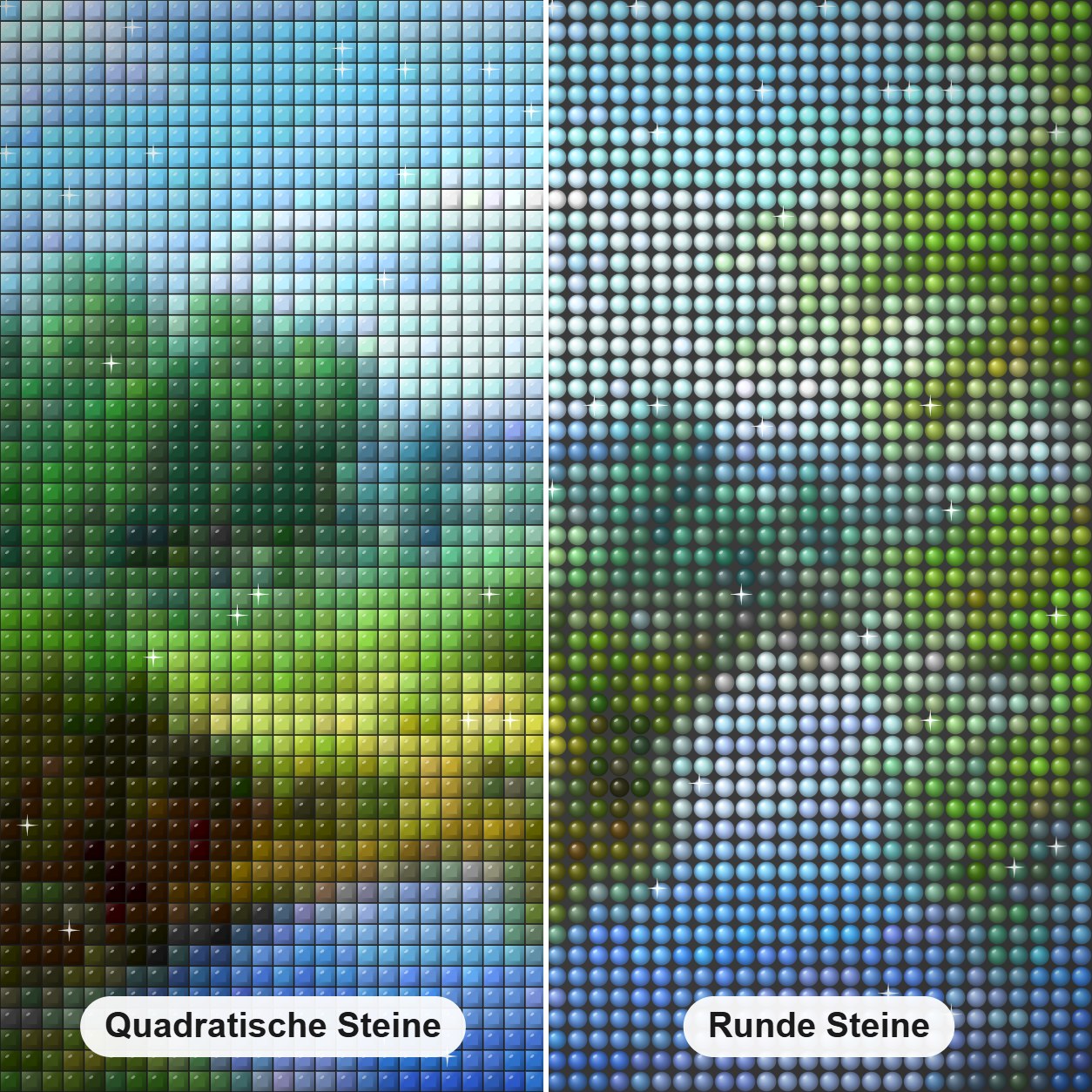 Sommerbäume & Seeblick Diamond Painting Nahaufnahme mit quadratischen und runden Steinen
