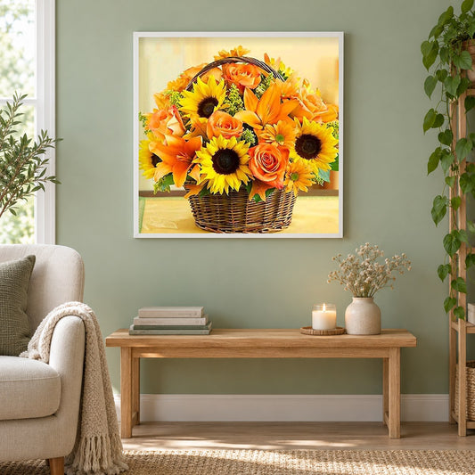 Sonnenblumen & Rosen Korb als gerahmtes Diamond Painting im Wohnzimmer