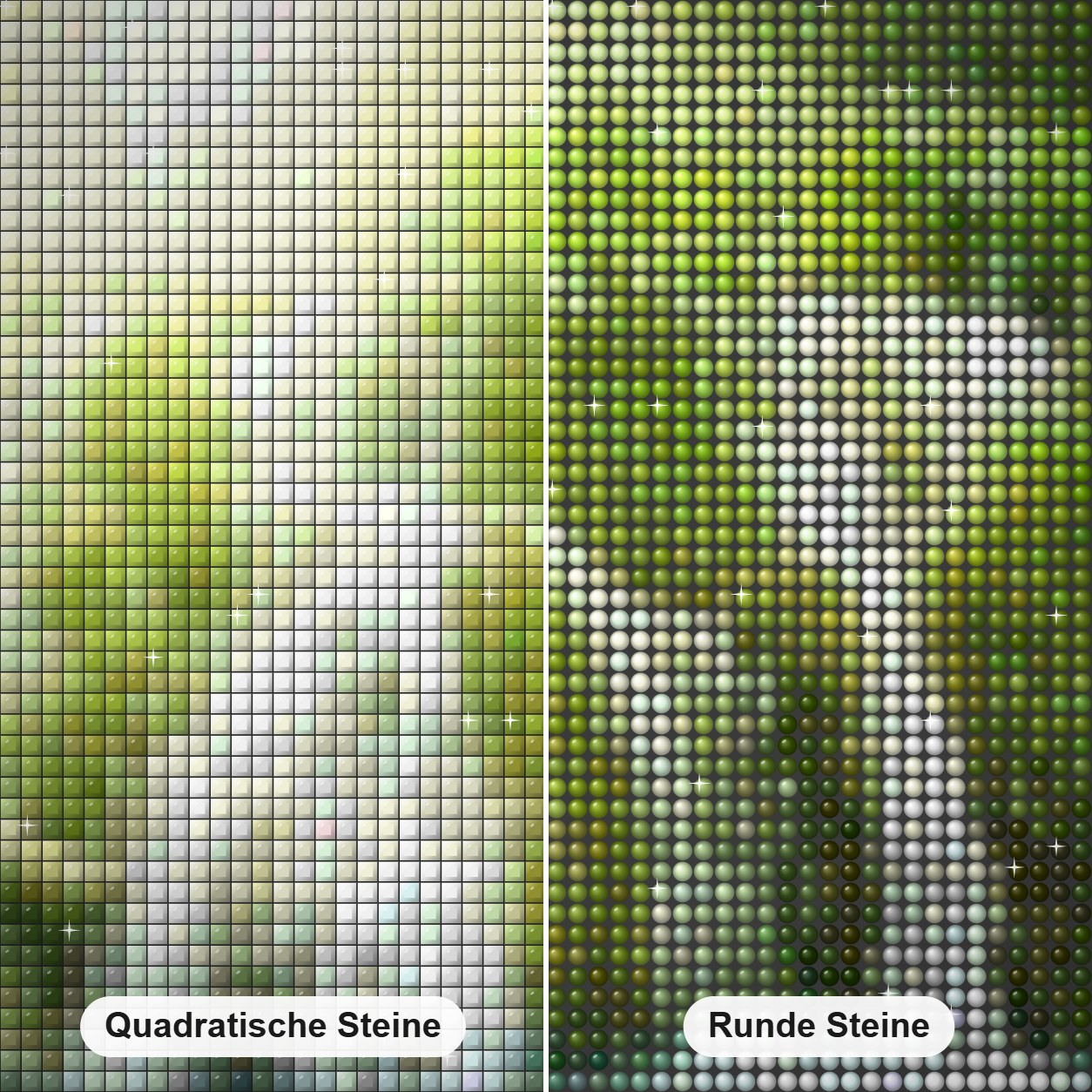 Sonnenschein & Waldwasserfall Diamond Painting Nahaufnahme mit quadratischen und runden Steinen