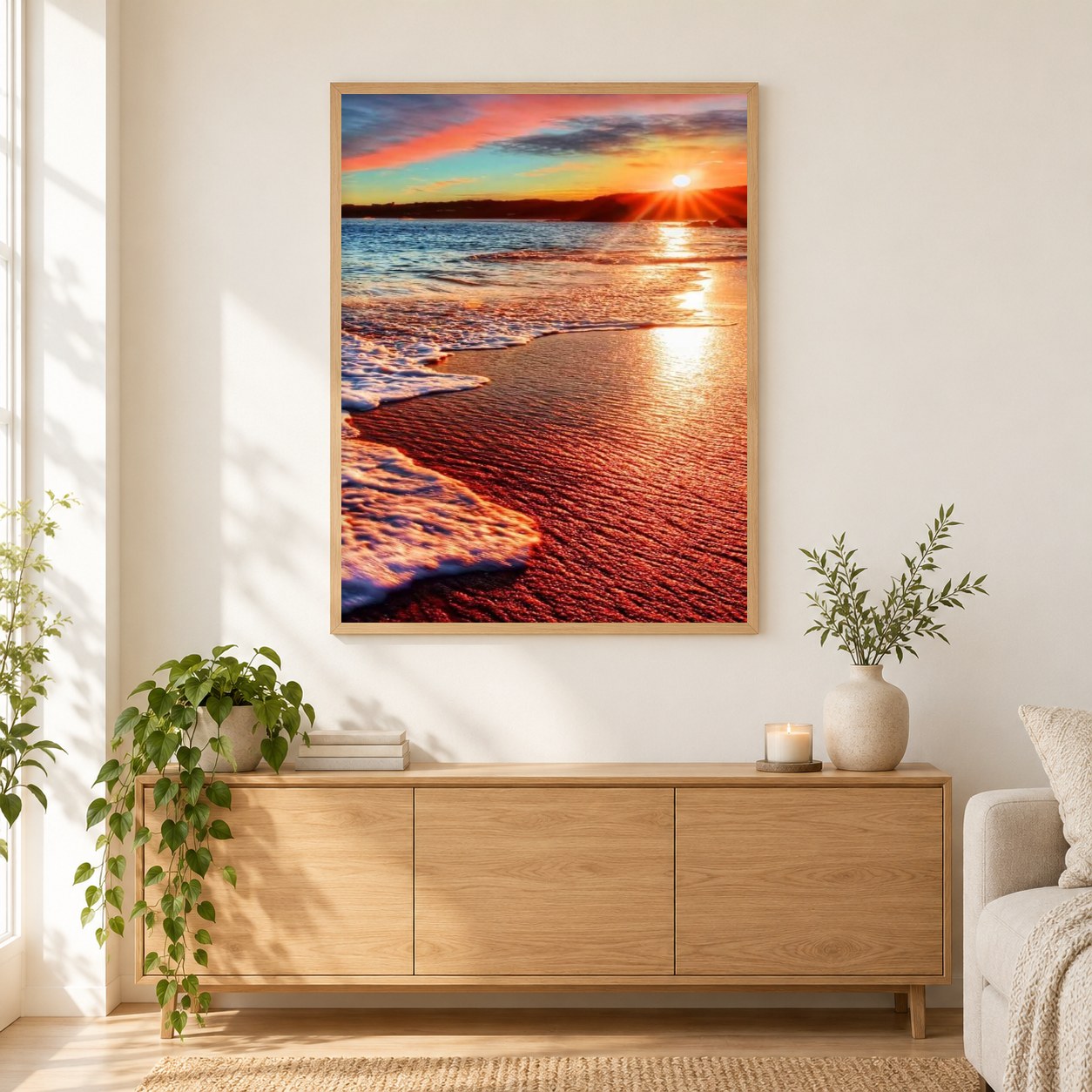 Sonnenuntergang am Strand DIY Painting Kit als gerahmtes Diamond Painting im Wohnzimmer