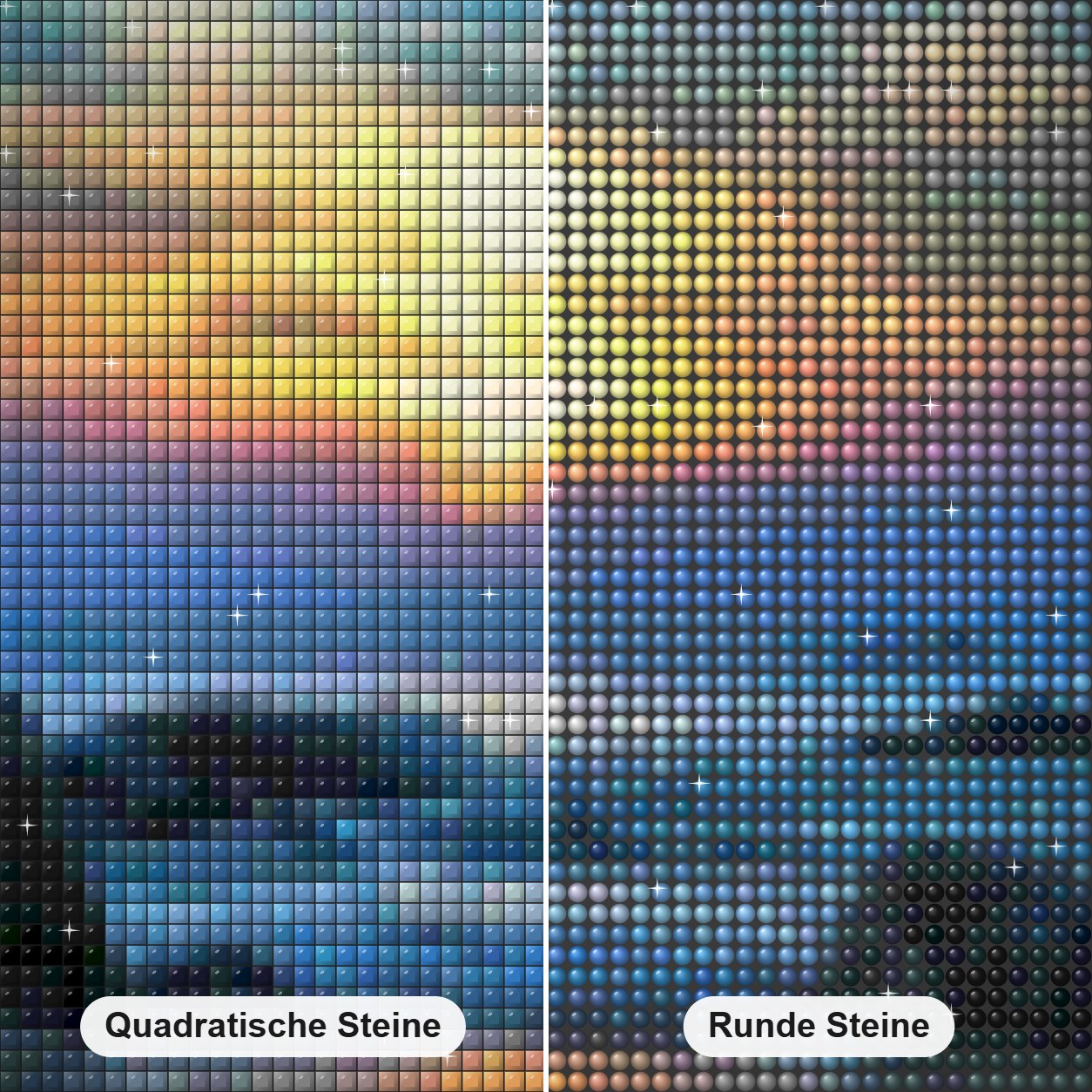 Sonnenuntergang Ansicht vom Fenster Diamond Painting Nahaufnahme mit quadratischen und runden Steinen
