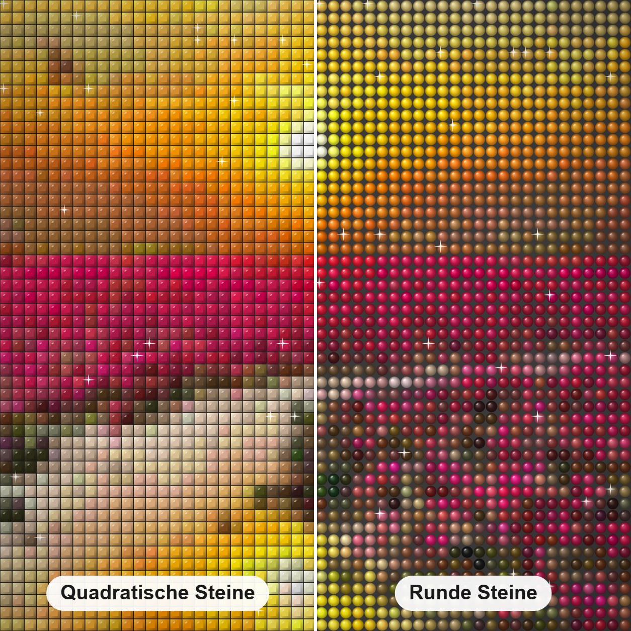 Sonnenuntergang & Blumenfelder Diamond Painting Nahaufnahme mit quadratischen und runden Steinen