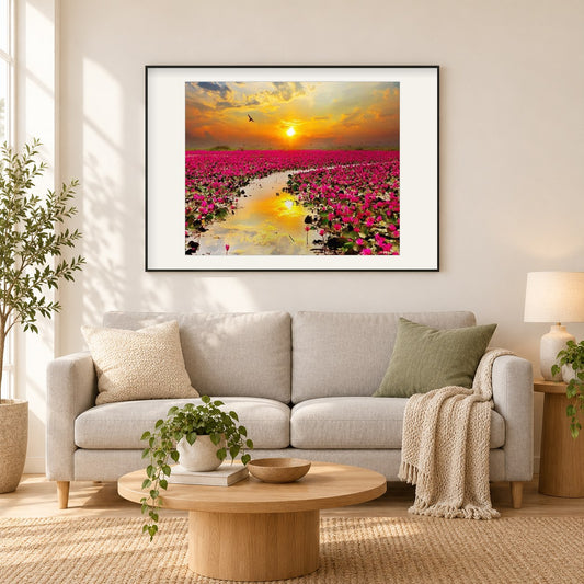 Sonnenuntergang & Blumenfelder als gerahmtes Diamond Painting im Wohnzimmer