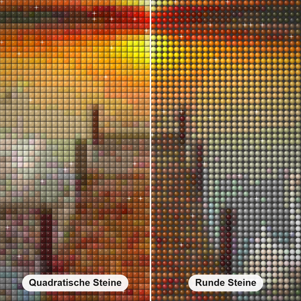 Sonnenuntergang & Schwäne Diamond Painting Nahaufnahme mit quadratischen und runden Steinen