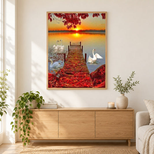 Sonnenuntergang & Schwäne als gerahmtes Diamond Painting im Wohnzimmer