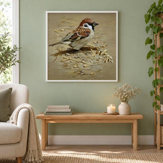 Spatz als gerahmtes Diamond Painting im Wohnzimmer