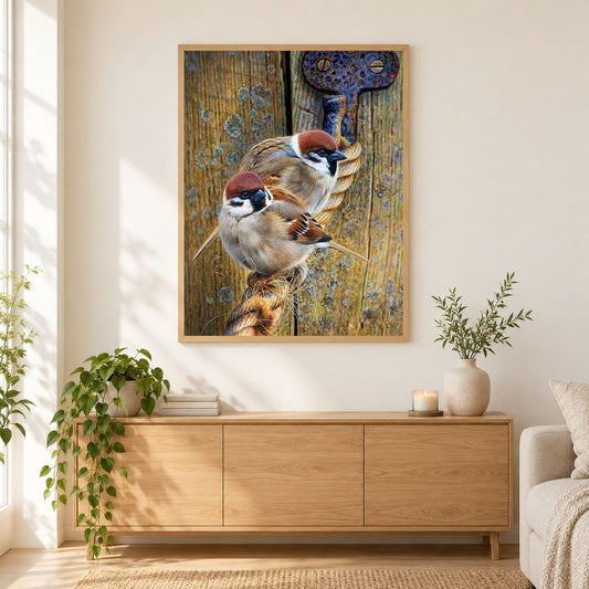 Spatz sitz am Seil als gerahmtes Diamond Painting im Wohnzimmer