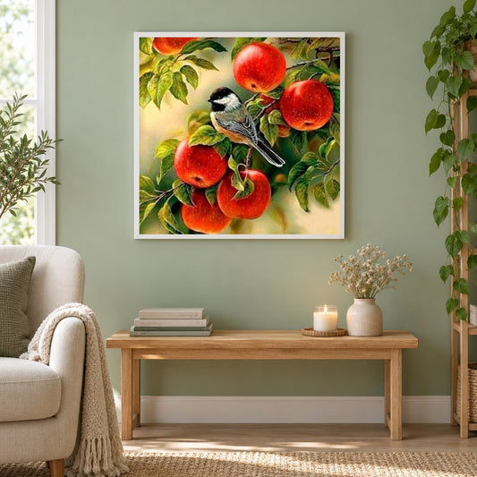 Spatz sitzt auf Apfelbaum als gerahmtes Diamond Painting im Wohnzimmer