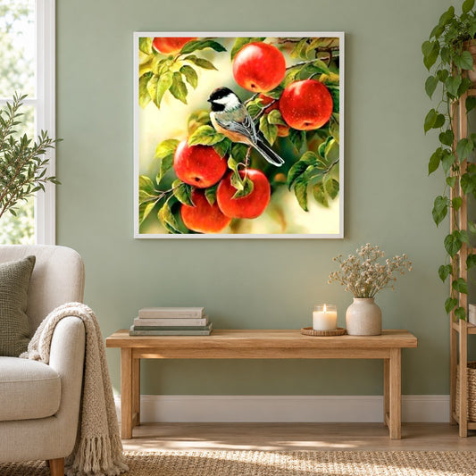 Spatz sitzt auf Apfelbaum als gerahmtes Diamond Painting im Wohnzimmer