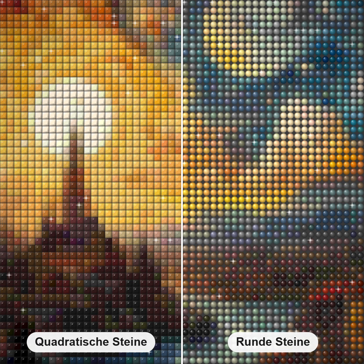 Sternenhimmel-Illusion Diamond Painting Nahaufnahme mit quadratischen und runden Steinen