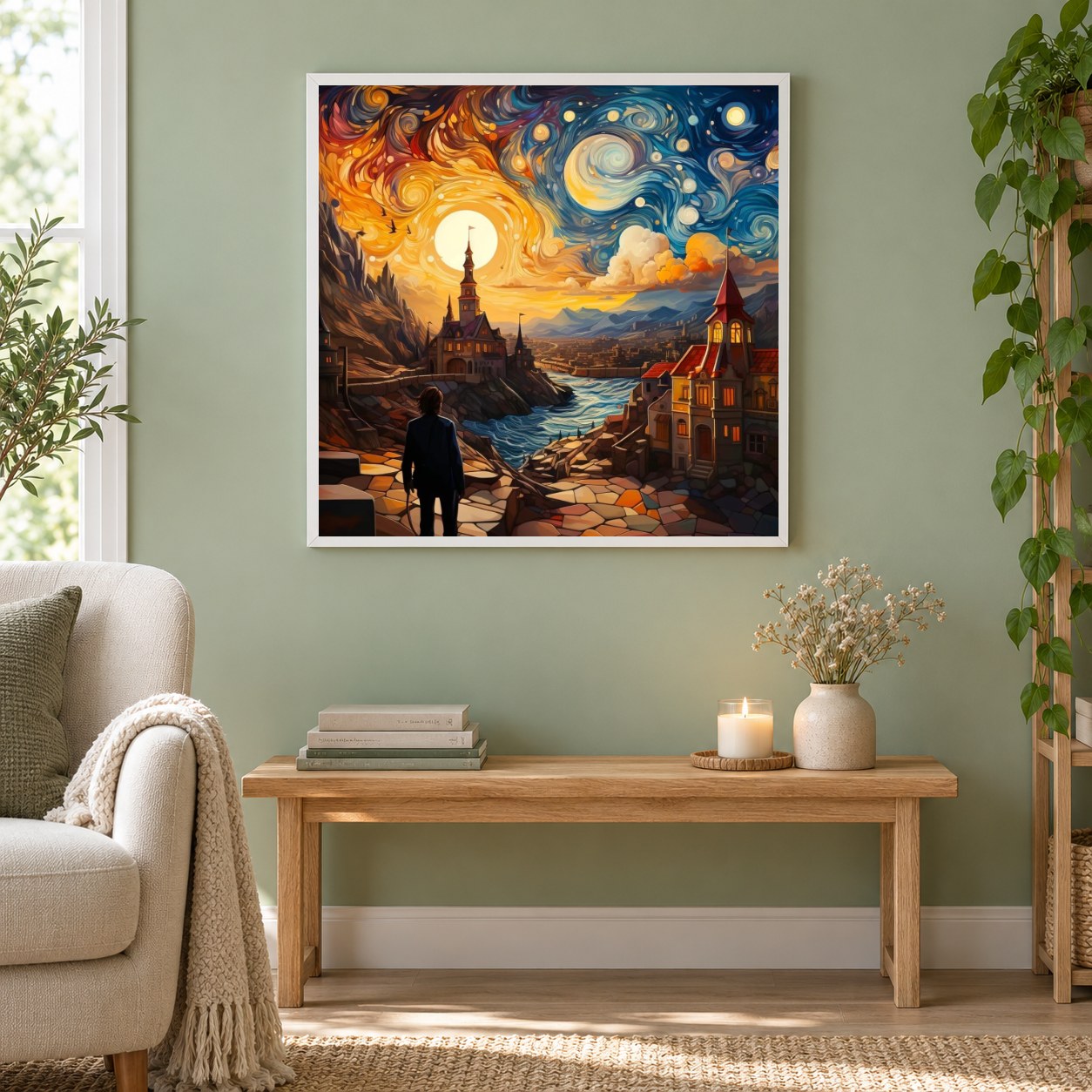 Sternenhimmel-Illusion als gerahmtes Diamond Painting im Wohnzimmer