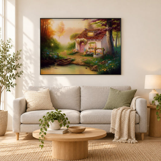 Stiller Morgenteich - Kunst des Liam Kelly als gerahmtes Diamond Painting im Wohnzimmer