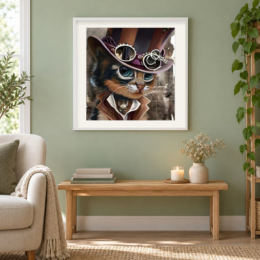 Stilvolle Katzen als gerahmtes Diamond Painting im Wohnzimmer