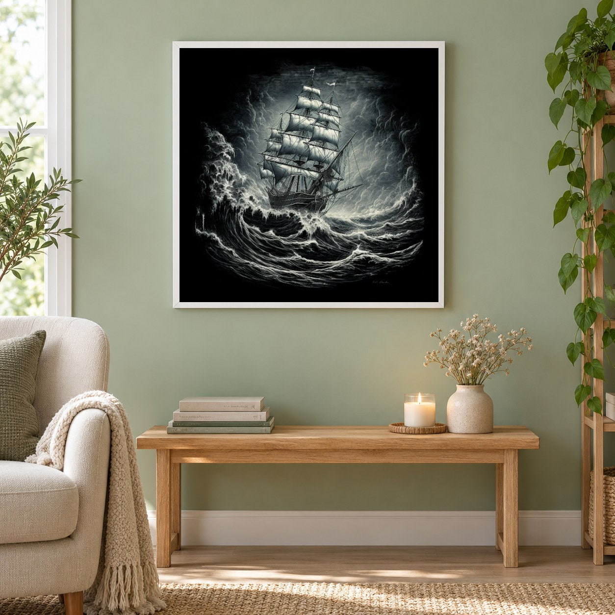Stürmische See, Piratenabenteuer als gerahmtes Diamond Painting im Wohnzimmer