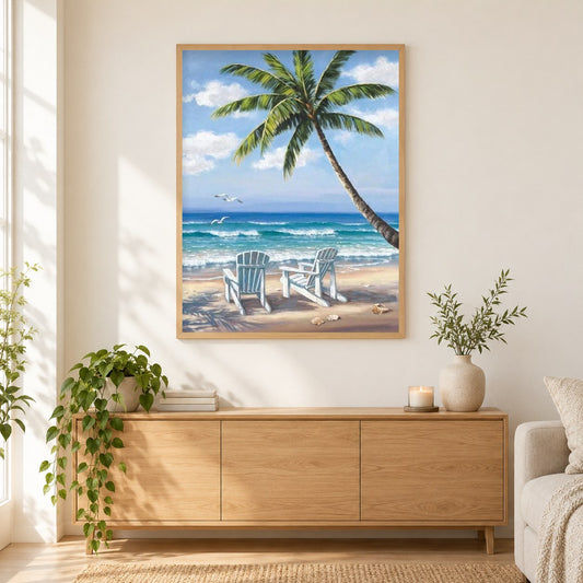Strand als gerahmtes Diamond Painting im Wohnzimmer