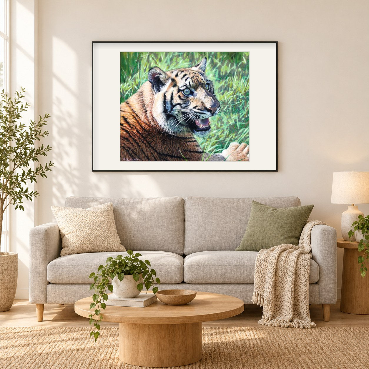 Sumatra-Tigerjunges -  Kunst des Eric Wilson als gerahmtes Diamond Painting im Wohnzimmer