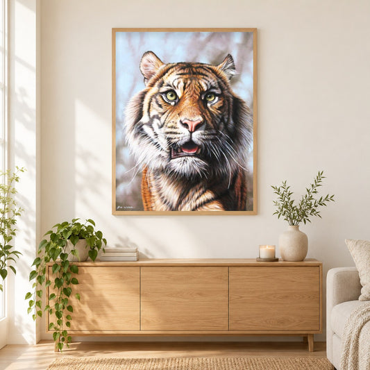 Sumatra-Tiger II - Kunst des Eric Wilson als gerahmtes Diamond Painting im Wohnzimmer