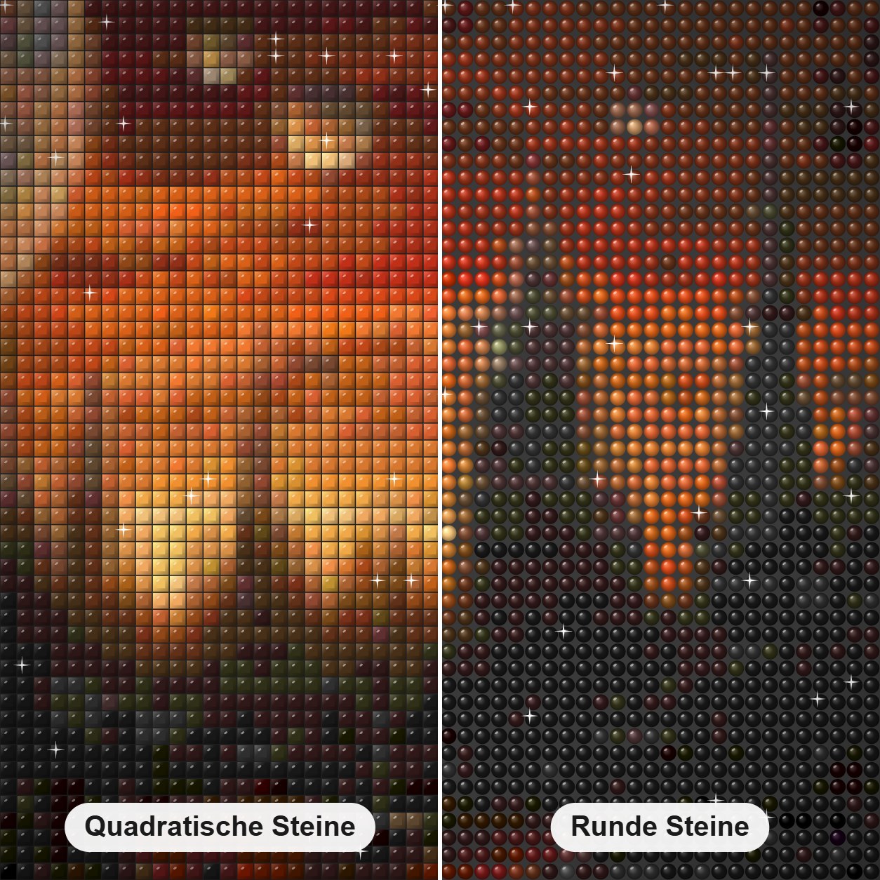 Sonnenuntergänge in der Stadt des Feuers Diamond Painting Nahaufnahme mit quadratischen und runden Steinen