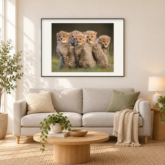 Süße Baby-Geparden als gerahmtes Diamond Painting im Wohnzimmer