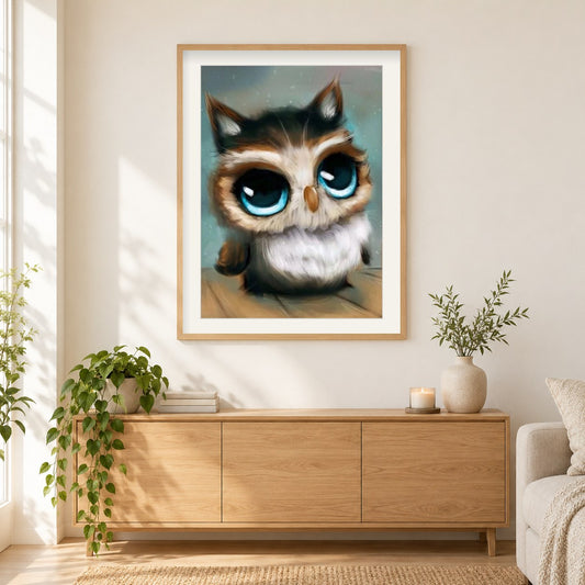 Süße Eule mit blauen Augen als gerahmtes Diamond Painting im Wohnzimmer
